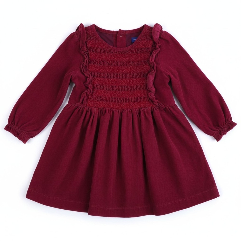 Maison Me Alexandra Dress Girls 4Y Deep Red Mini Cord Smocked Ruffled Tie Back